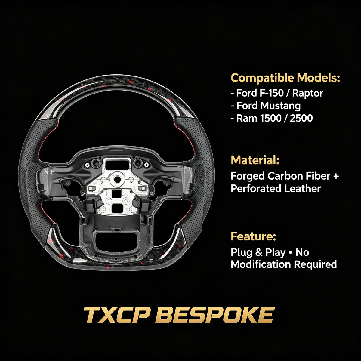 Ford F-150 / Raptor Carbon Fiber Steering Wheel — Forged Carbon & Red Accent Style